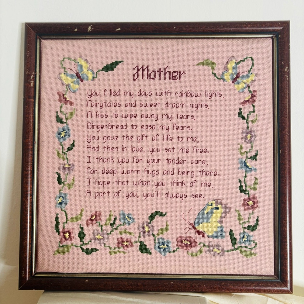 Vintage Crewel Needlepoint Mother Poem with Flowers & Butterflies Framed